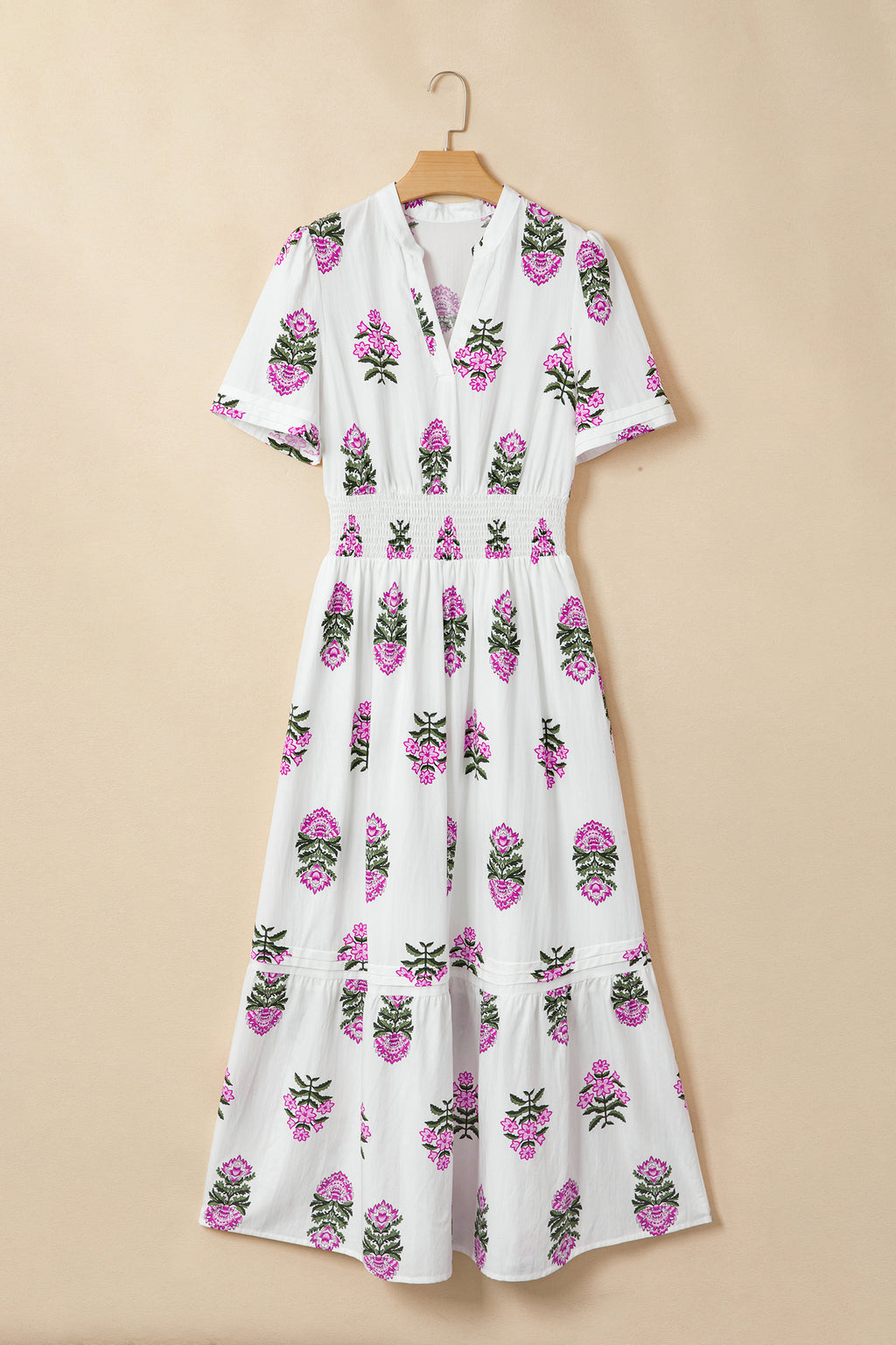 Floral Print Split Neck Shirred High Waist Ruffle Hem Maxi Dress