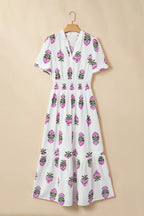 Floral Print Split Neck Shirred High Waist Ruffle Hem Maxi Dress