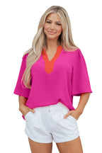Rose Red Contrast V Neck Colorblock Wide Short Sleeve Top