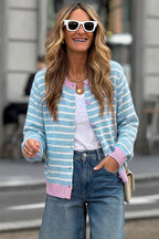 Sky Blue Stripe Contrast Trim Button Down Casual Sweater Cardigan