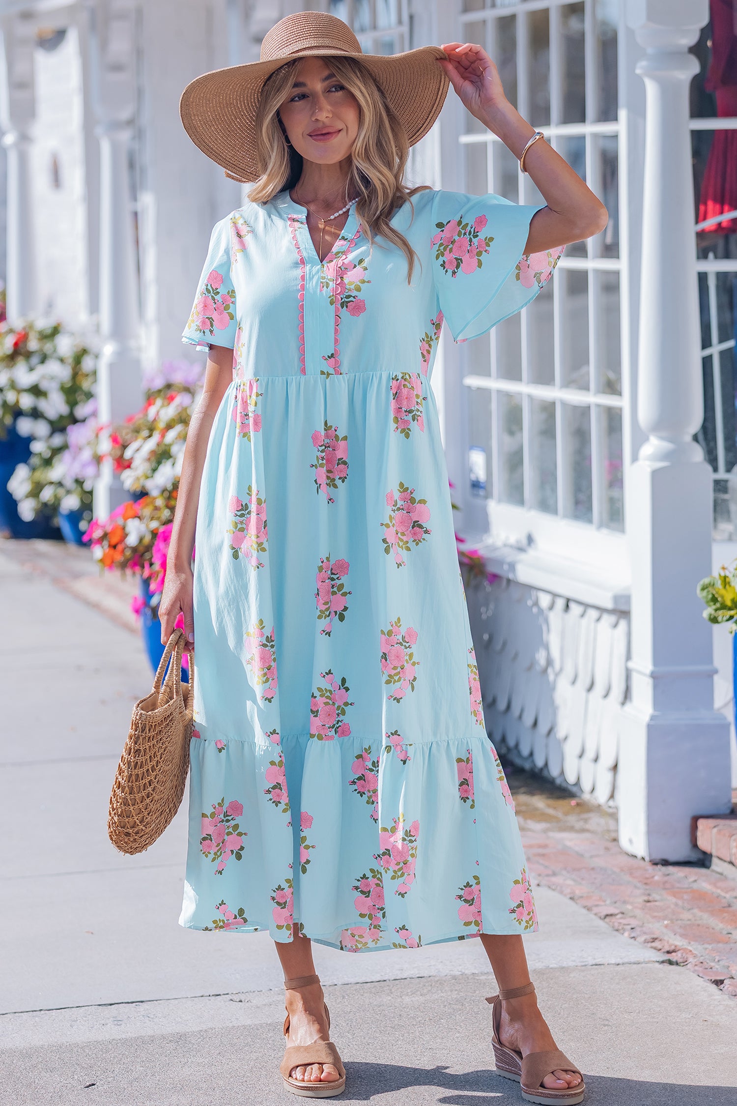Notched Neck Flutter Short Sleeve Floral Print Maxi Dress