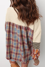 Waffle Stripe Plaid Patchwork Henley Knit Top