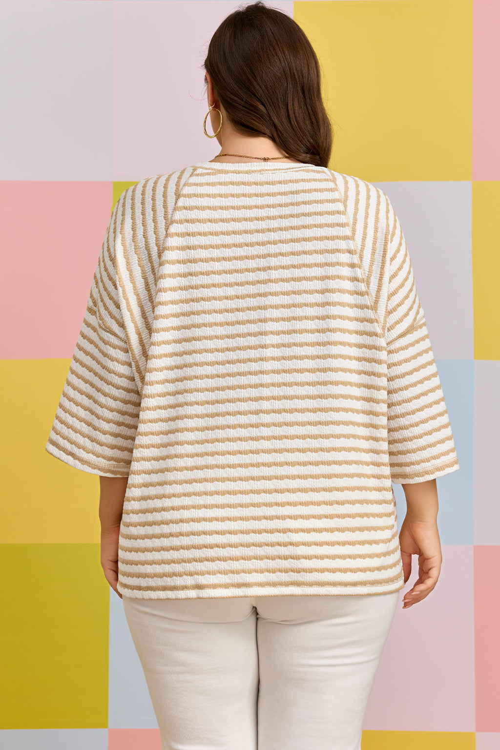 Striped Plus Size Textured Patchwork Detail Half Sleeve Top