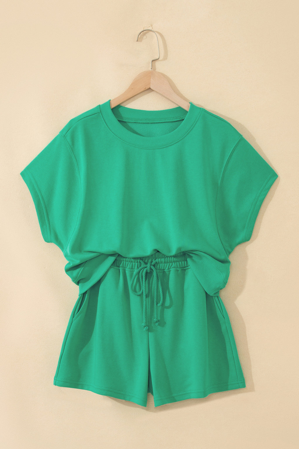 Solid Color Loose Tee Drawstring Shorts 2pcs Outfit