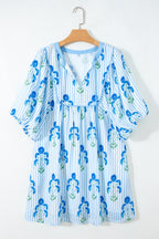 Sky Blue Floral Striped Print Tie Notched Neck Puff Sleeve Flared Mini Dress