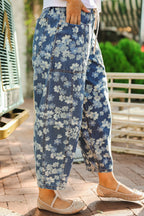 Sky Blue Dainty Floral Printed Drawstring Barrel Jeans
