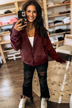 Waffle Splicing Zip Up Front Button Hooded Jacket