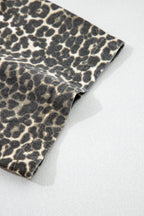 Grey Vintage Leopard Print Short Sleeve Loose Cotton Denim Shirt