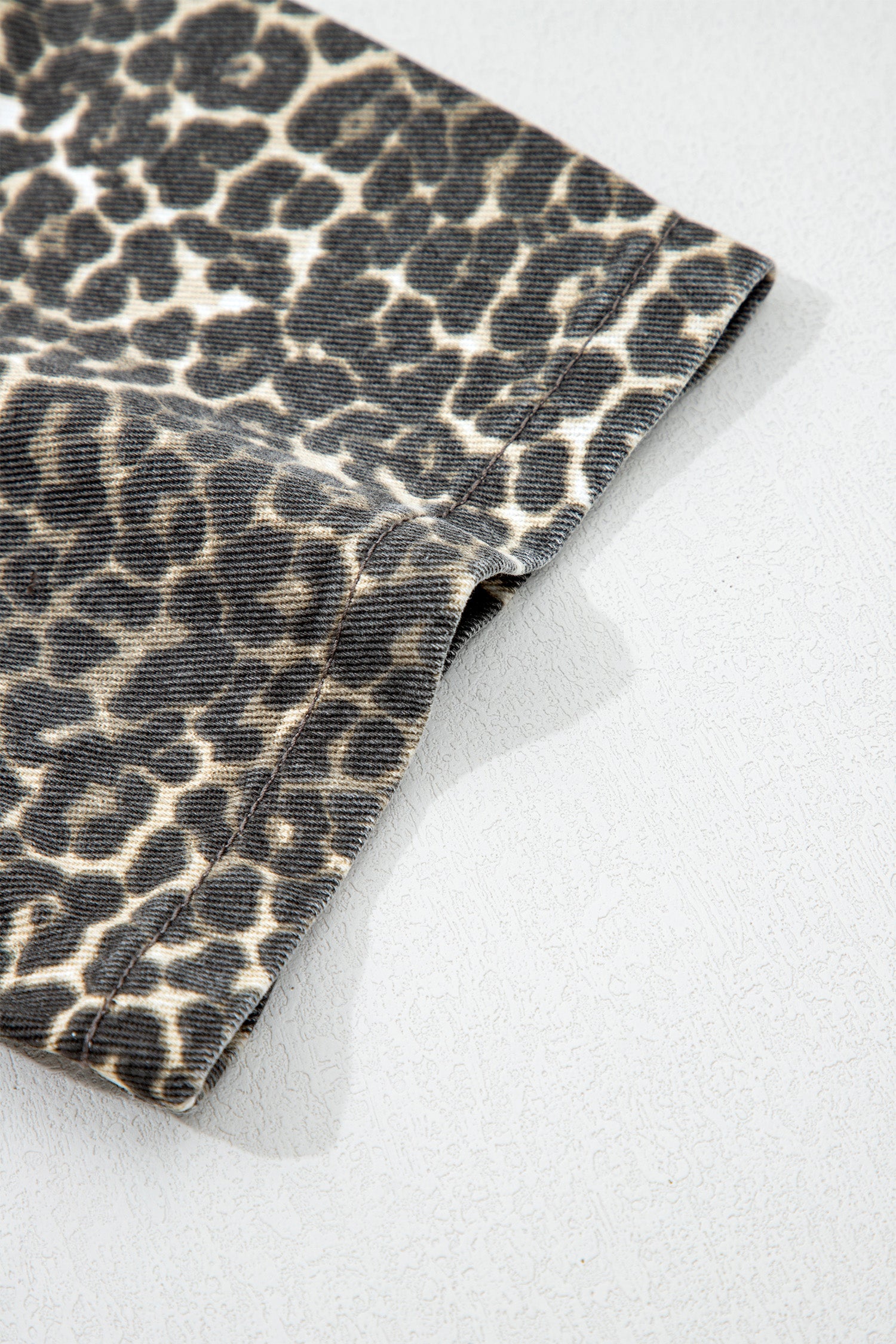 Grey Vintage Leopard Print Short Sleeve Loose Cotton Denim Shirt
