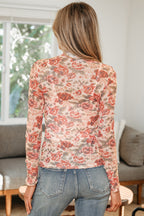 Retro Floral Print Mock Neck Mesh Long Sleeve Top