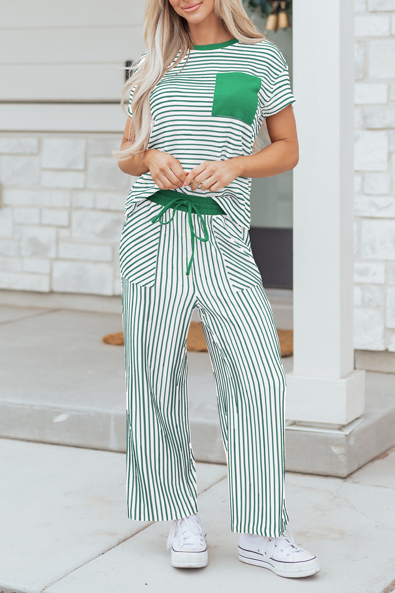 Striped Crew Neck Tee Drawstring Waist Cropped Pants Set