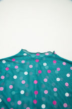 Polka Dot Patterned Bodycon Mock Neck Mesh Long Sleeve Top