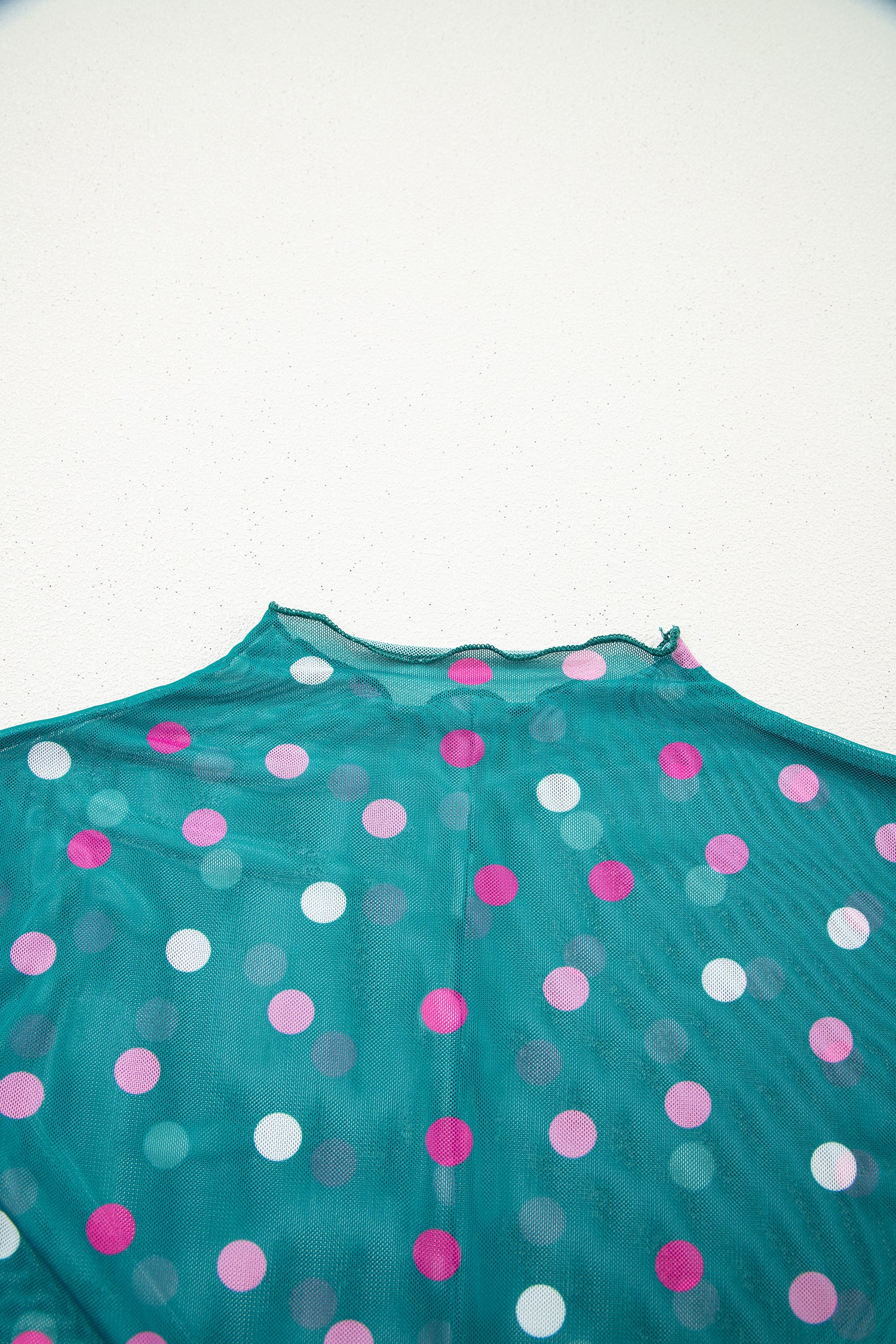Polka Dot Patterned Bodycon Mock Neck Mesh Long Sleeve Top