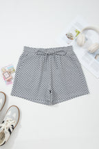Grey Checkerboard Print Drawstring Elastic Waist Pocketed Shorts