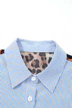 Sky Blue Stripe Contrasted Varsity Stripe Leopard Patchwork Button Down Shirt