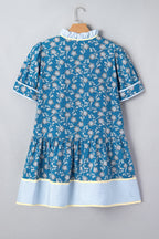 Blue Plus Size Floral Print Striped Patchwork Detail Button Front Ruffle Hem Dress