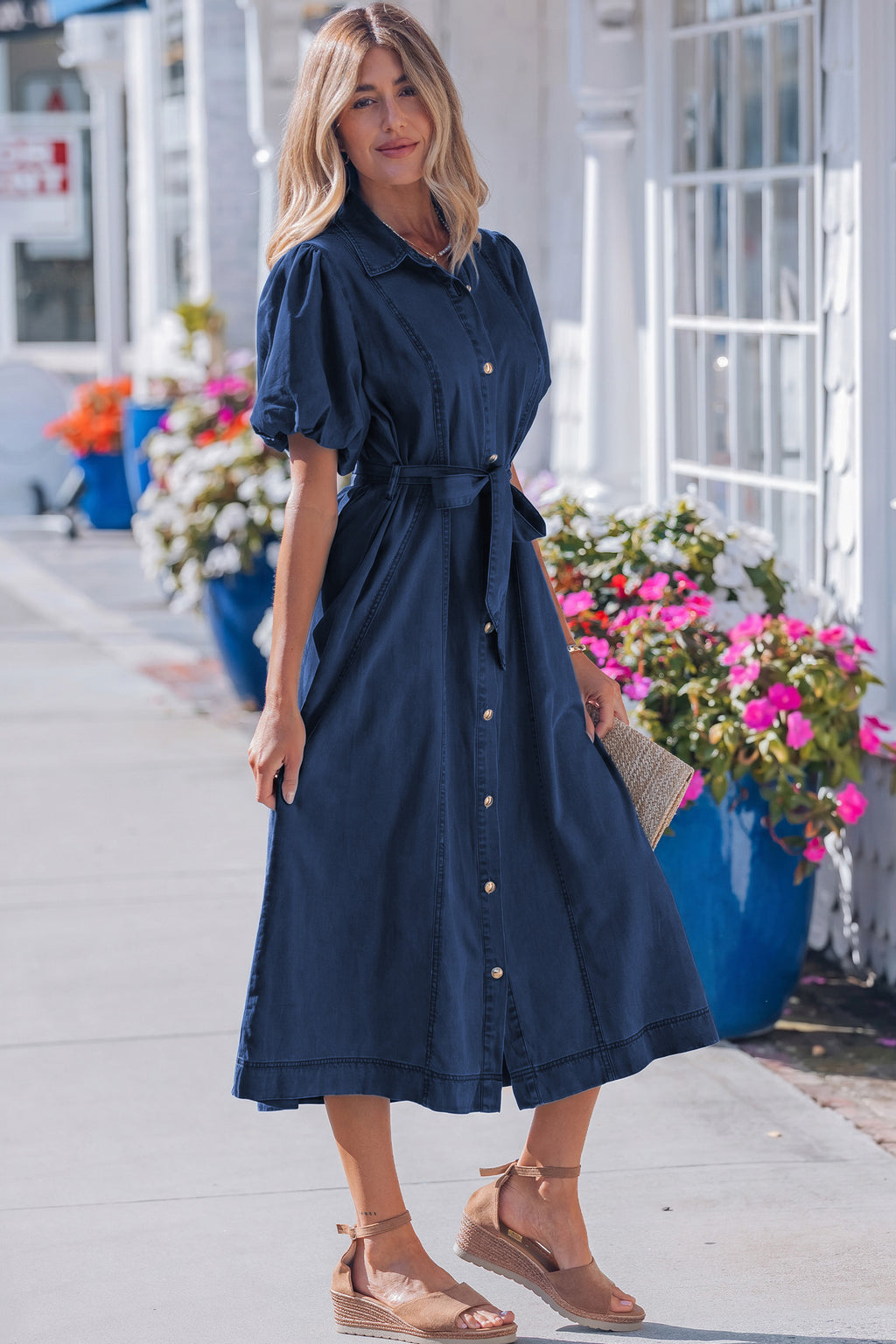 Full Buttons Collared Short Bubble Sleeve Long Denim Dress