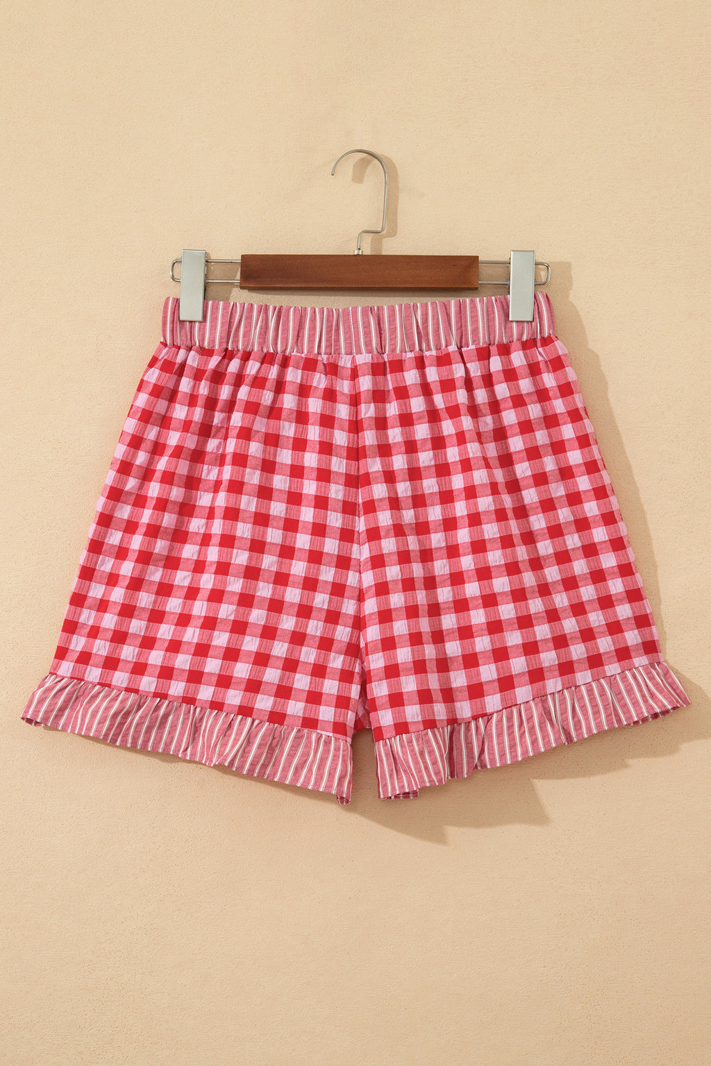 Gingham Print Ruffle Striped Detail Lace Tie Shorts