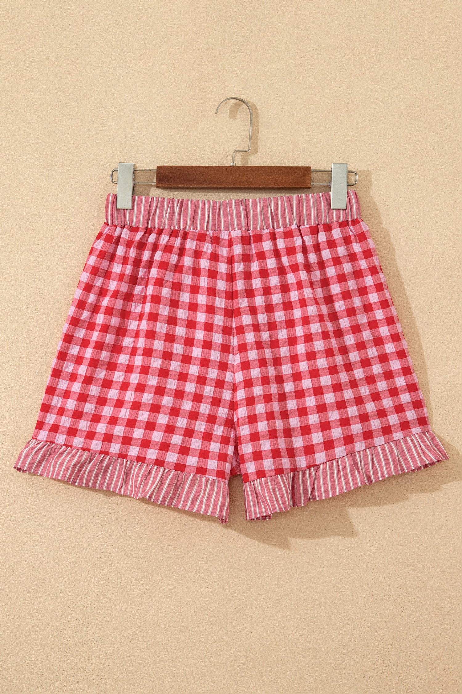 Gingham Print Ruffle Striped Detail Lace Tie Shorts