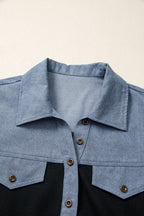 Black Waffle Knit Denim Color Block Patchwork Button Flap Polo Top