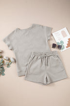 Grey Solid Color Textured Loose Top Casual Two Piece Short Set