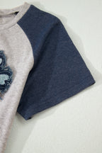 Dark Blue Floral Patchwork Colorblock Raglan Sleeve T Shirt