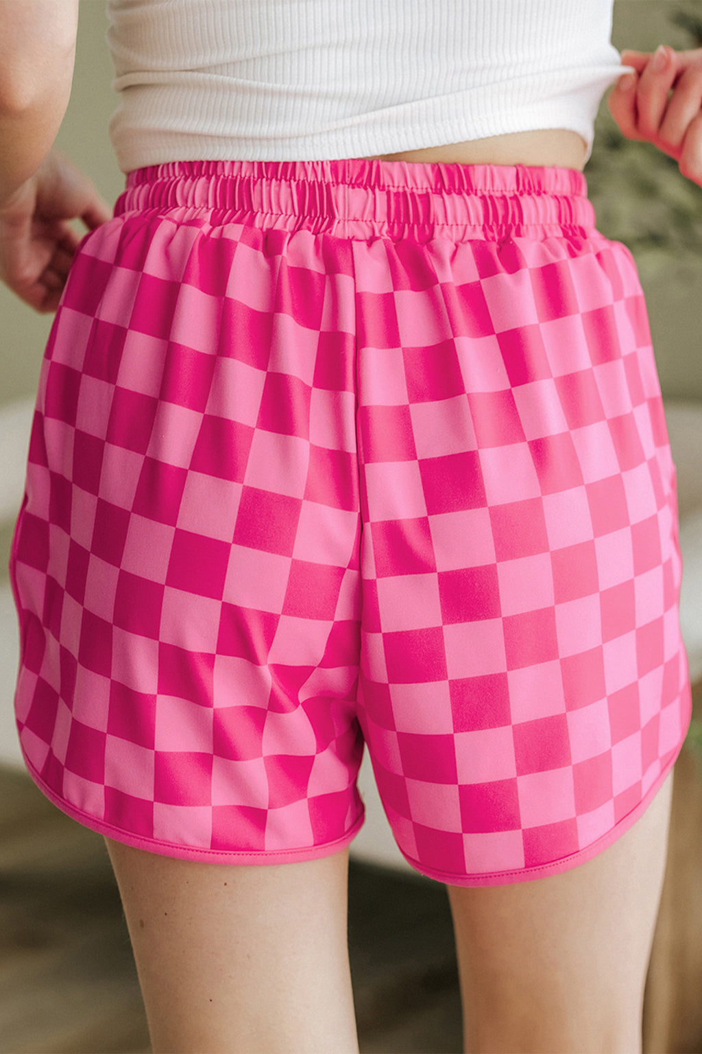 Checkered Drawstring Elastic Waist Casual Shorts