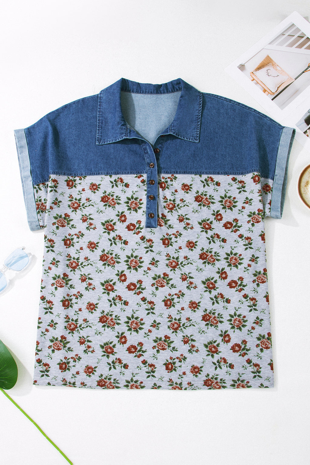Grey Retro Floral Print Denim Patchwork Plus Size Polo Tee
