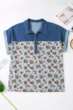 Grey Retro Floral Print Denim Patchwork Plus Size Polo Tee