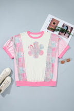 Beige Plus Size Floral Patchwork Short Sleeve Patch Embroidery Cotton T Shirt