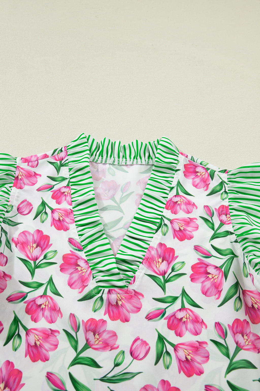 Multicolour Sweet Floral Print Striped Ruffle Trim V Neck Blouse