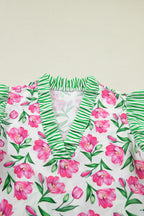 Multicolour Sweet Floral Print Striped Ruffle Trim V Neck Blouse