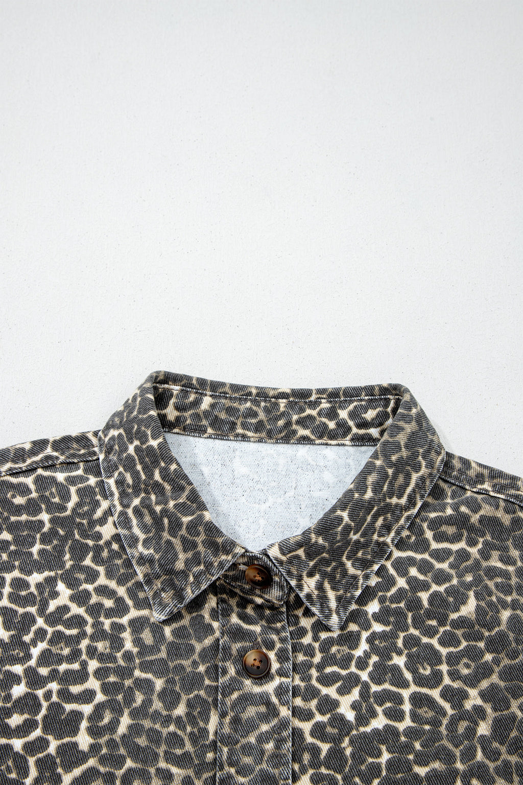 Grey Vintage Leopard Print Short Sleeve Loose Cotton Denim Shirt