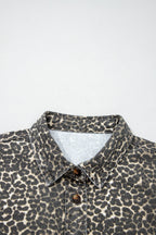 Grey Vintage Leopard Print Short Sleeve Loose Cotton Denim Shirt
