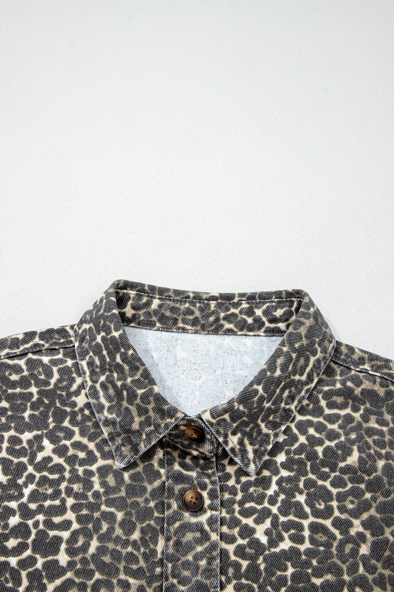 Grey Vintage Leopard Print Short Sleeve Loose Cotton Denim Shirt