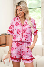 Pink Sweet Heart Cake Print Contrast Ruffle Trim Valentines 2pcs Pyjama Set