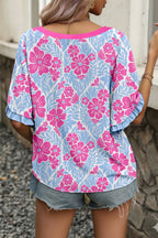 Purple Floral Print Ruffled Color Block Trim Half Sleeve Blouse