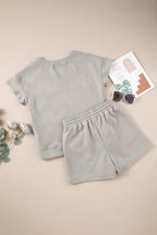 Grey Solid Color Textured Loose Top Casual Two Piece Short Set