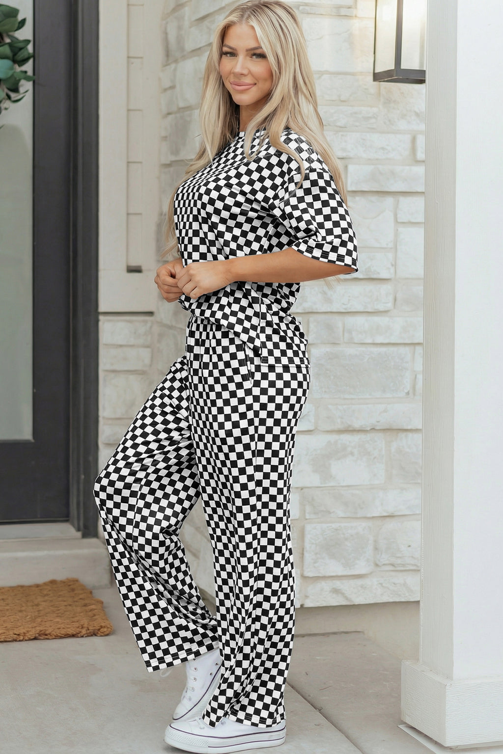 Checkered Print Half Sleeve Tee 2pcs Lounge Pant Set
