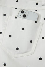 White Polka Dot Print Embroidered Scallop Hem Shorts