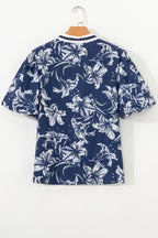 Blue Floral Print Short Puff Sleeve Striped Trim V Neck Blouse