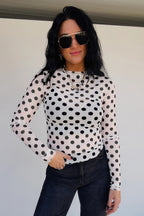White Polka Dot Mesh Long Sleeve Stand Neck Sheath Top