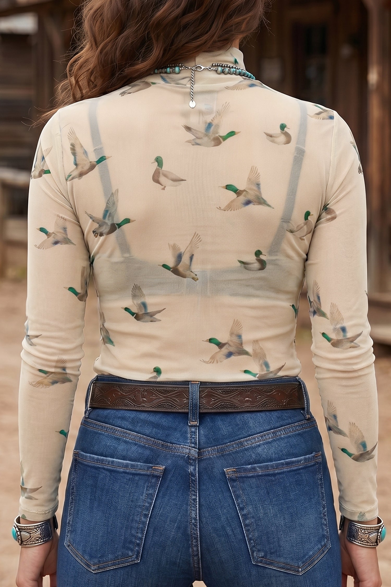 Beige High Neck Western Print Mesh Sheer Long Sleeve Pullover