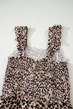 Brown Ruffled Straps Smocked Tiered Leopard Maxi Dress