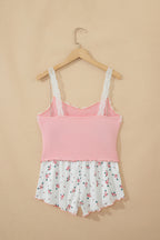 Pink Ribbed Knit Lace Straps Patchwork Lettuce Hem Cropped Top Floral Short Lounge Set