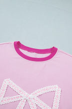 Gossamer Pink Embroidered Bow Detail Color Block Loose Tee