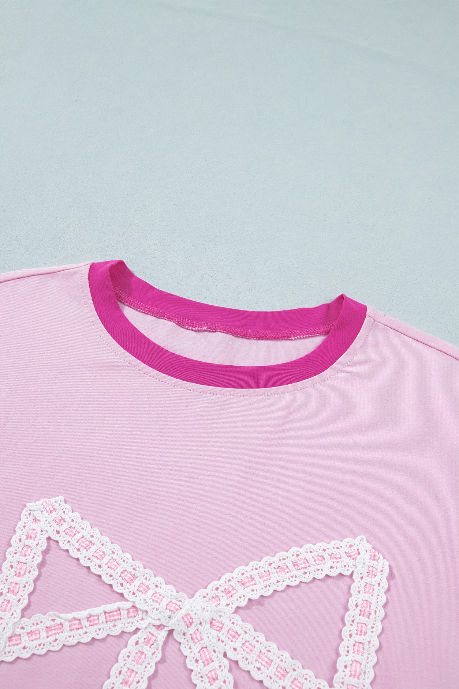 Gossamer Pink Embroidered Bow Detail Color Block Loose Tee