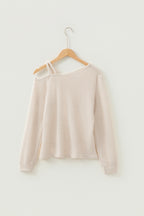 Jet Stream Solid Color Textured Knit Asymmetric Shoulder Long Sleeve Top