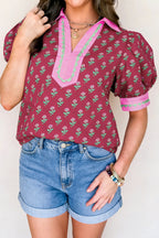 Red Contrast Collared V Neck Ricrac Trim Short Puff Sleeve Flower Blouse
