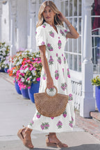 Floral Print Split Neck Shirred High Waist Ruffle Hem Maxi Dress